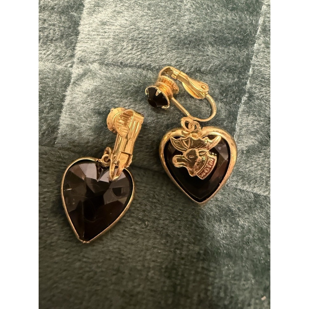 Vintage WOTM Moose Lodge Costume Jewelry Black Heart Earrings Clip On Gold Tone
